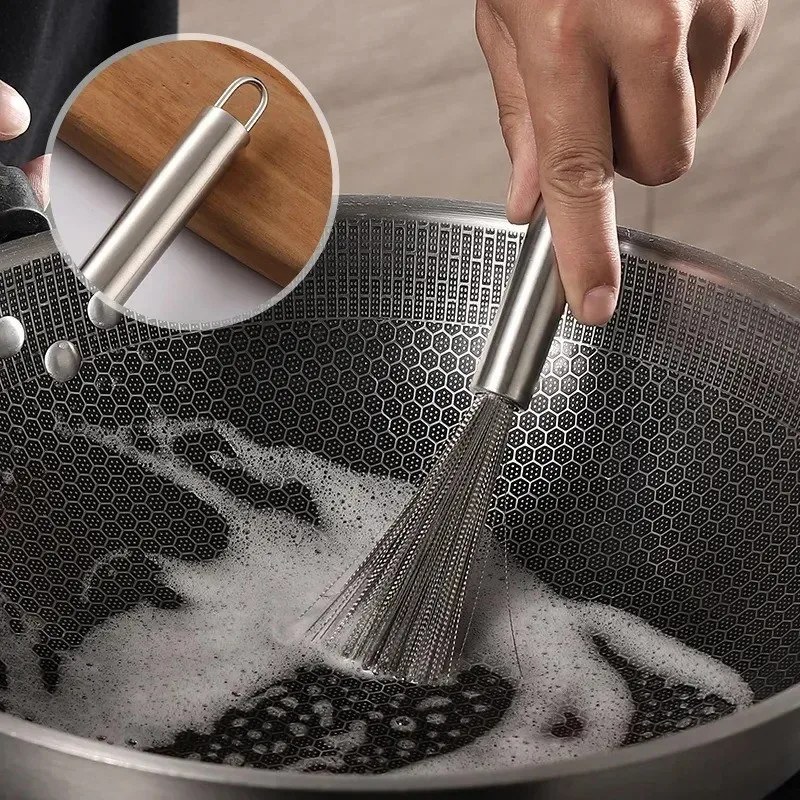 2pcs Long Handle Stainless Steel Kitchen Scrubbing Broom – Heavy Duty Pot, Pan & Sink Cleaning Brush- 000979