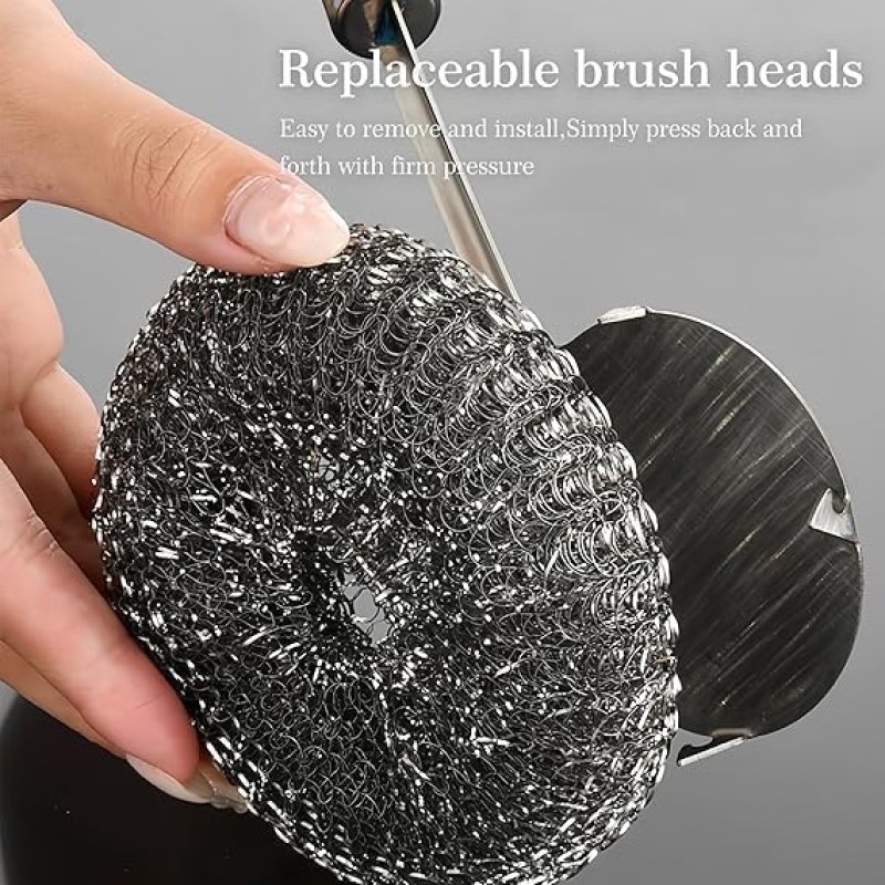304 Stainless Steel Steel Wool Pot Scrubber with Long Handle & Free Wall Hooks_000983