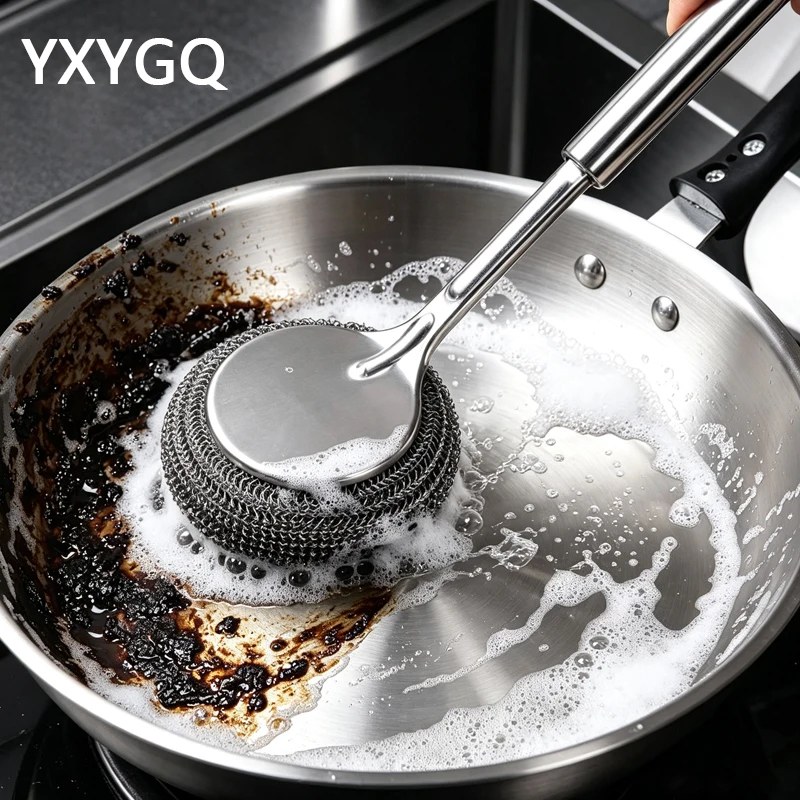 304 Stainless Steel Steel Wool Pot Scrubber with Long Handle & Free Wall Hooks_000983