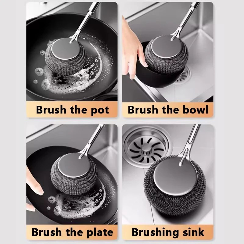 304 Stainless Steel Steel Wool Pot Scrubber with Long Handle & Free Wall Hooks_000983