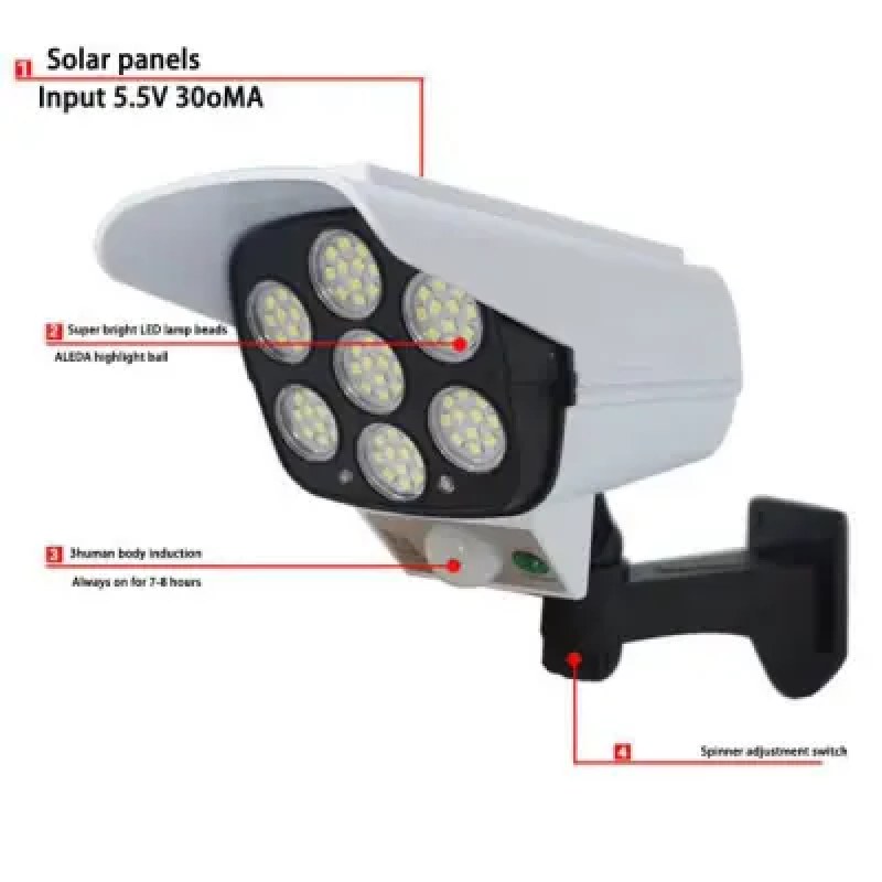 77 LED Solar Security Light with Dummy Camera Design, PIR Motion Sensor & Remote Control-000973